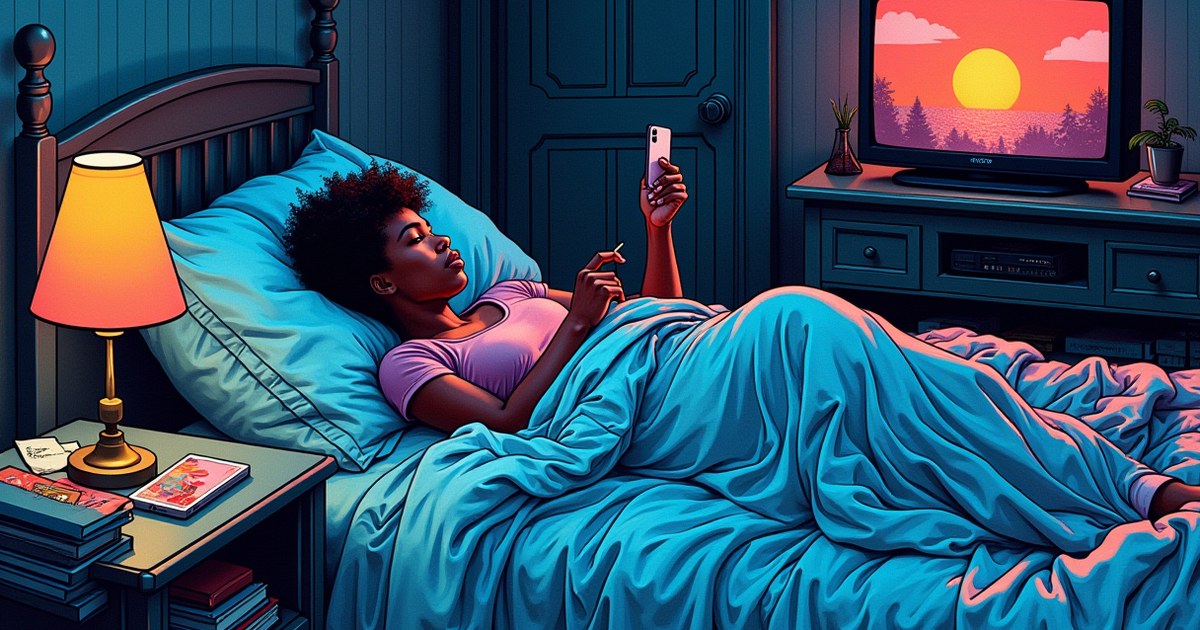 Person lying awake in cluttered bedroom at night surrounded by sleep-disrupting items like phone and TV glow.