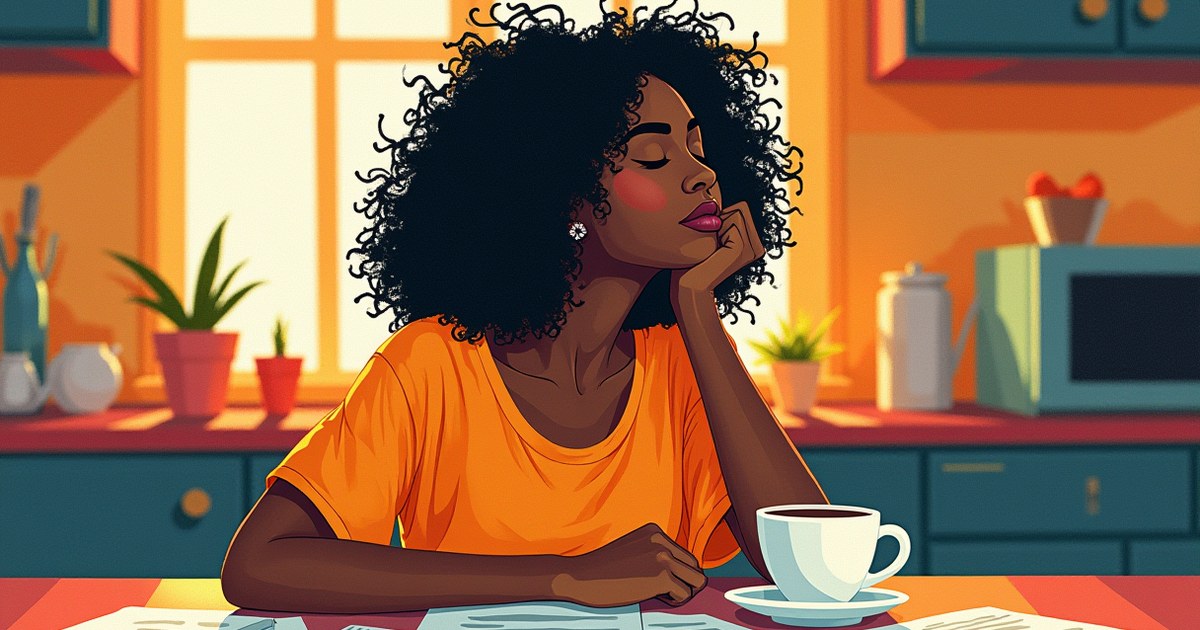 Woman showing signs of stress at kitchen table with coffee and papers, illustrating body stress signals