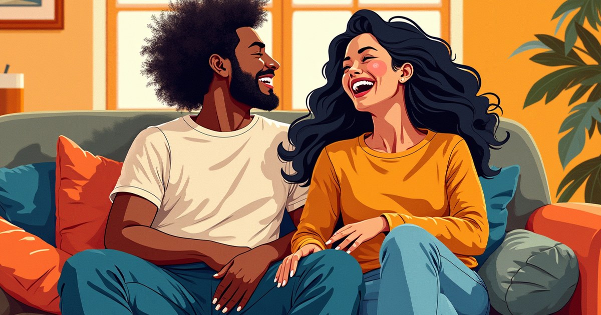 Happy couple laughing together on couch, representing confidence and security in a lasting relationship.
