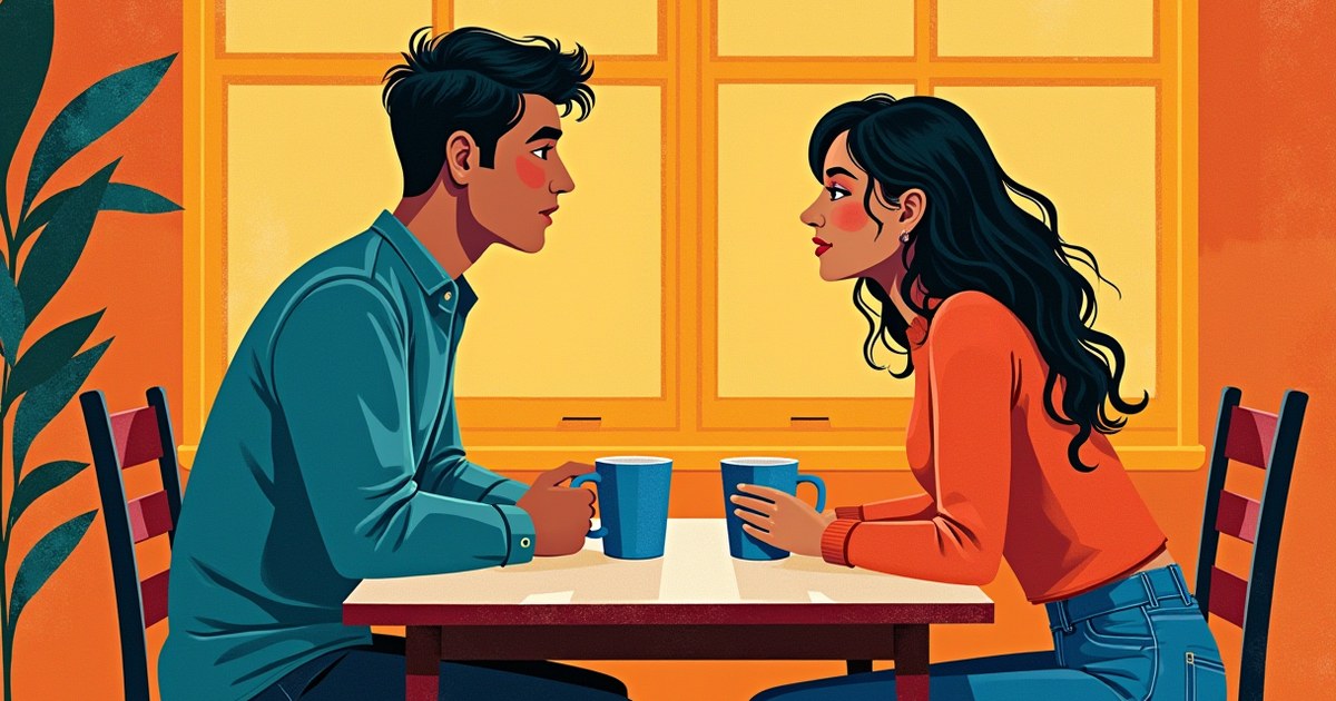 Couple having an important heartfelt conversation at kitchen table, relationship communication and connection