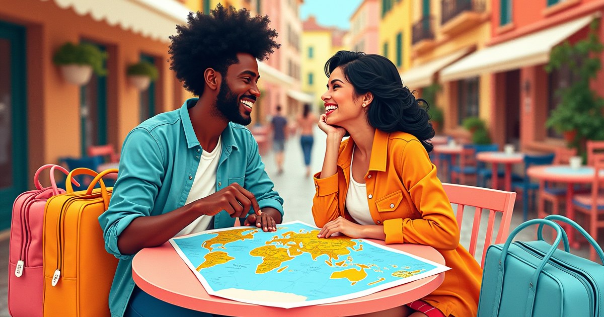 Happy couple planning travel itinerary together over map at outdoor café, travel bags nearby