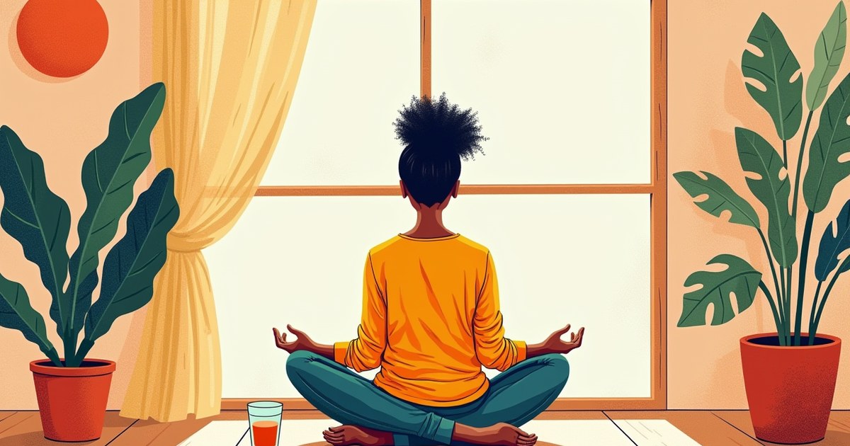 Woman practicing morning wellness habits in a peaceful sunlit room with plants and water