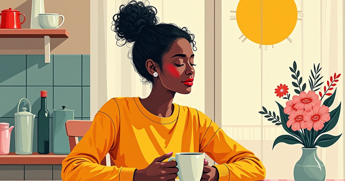 Woman enjoying a mindful morning moment with tea at a sunny kitchen table, practicing everyday pleasure and wellness.