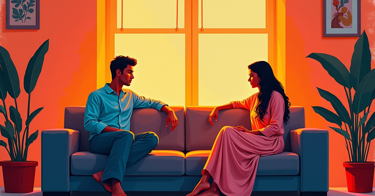 Couple sitting apart on a couch with emotional distance, illustrating myths about desire in relationships.