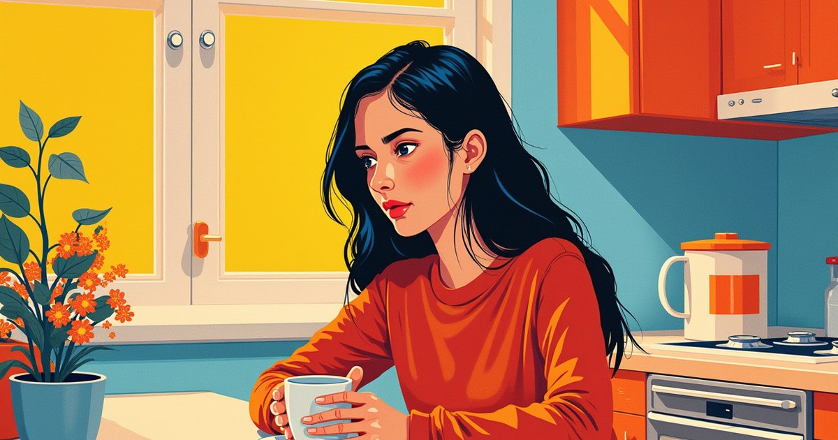 Woman sitting tensely at kitchen table in morning light, signs of stress and nervous system survival mode