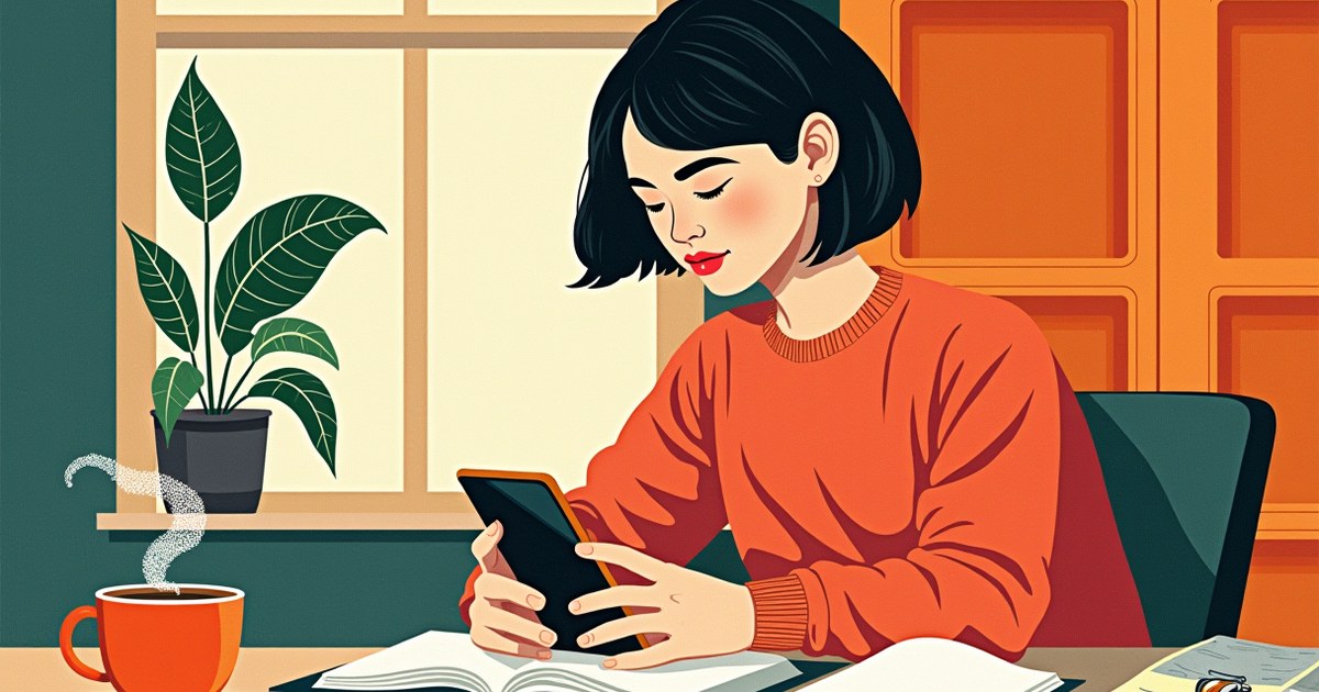 Person placing smartphone face-down on a tidy desk with coffee and plants, symbolizing digital wellness and screen time control.