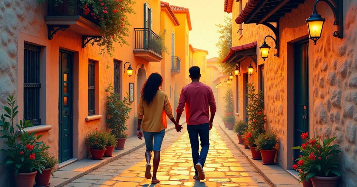 Couple walking hand-in-hand through a charming cobblestone village street at golden hour on a romantic getaway.