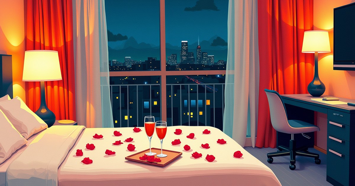 Romantic hotel room with warm lighting, rose petals on bed, champagne glasses, and glowing city view at dusk.