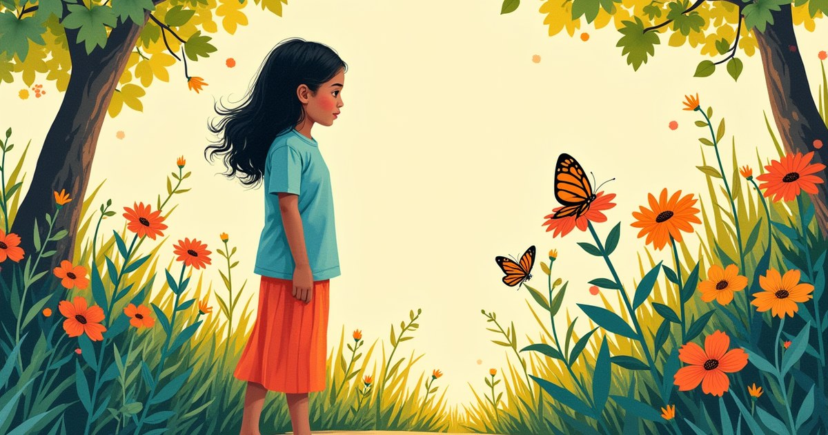 Person pausing to notice a butterfly on a flower, savoring a small everyday pleasure in a sunlit garden.