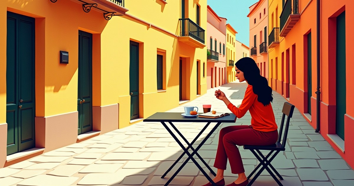 Relaxed traveler enjoying coffee and journaling at a sunny cobblestone street café while on a slow travel vacation.