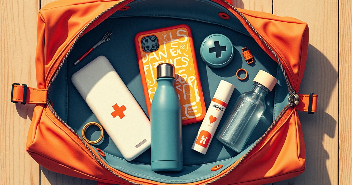 Open travel bag with small essential packing items like charger, first aid kit, and water bottle for a well-prepared trip.