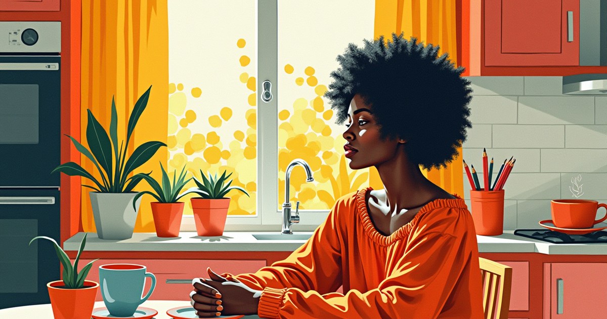 Calm woman sitting at a sunlit kitchen table with a warm mug, practicing a slow, unhurried morning routine.
