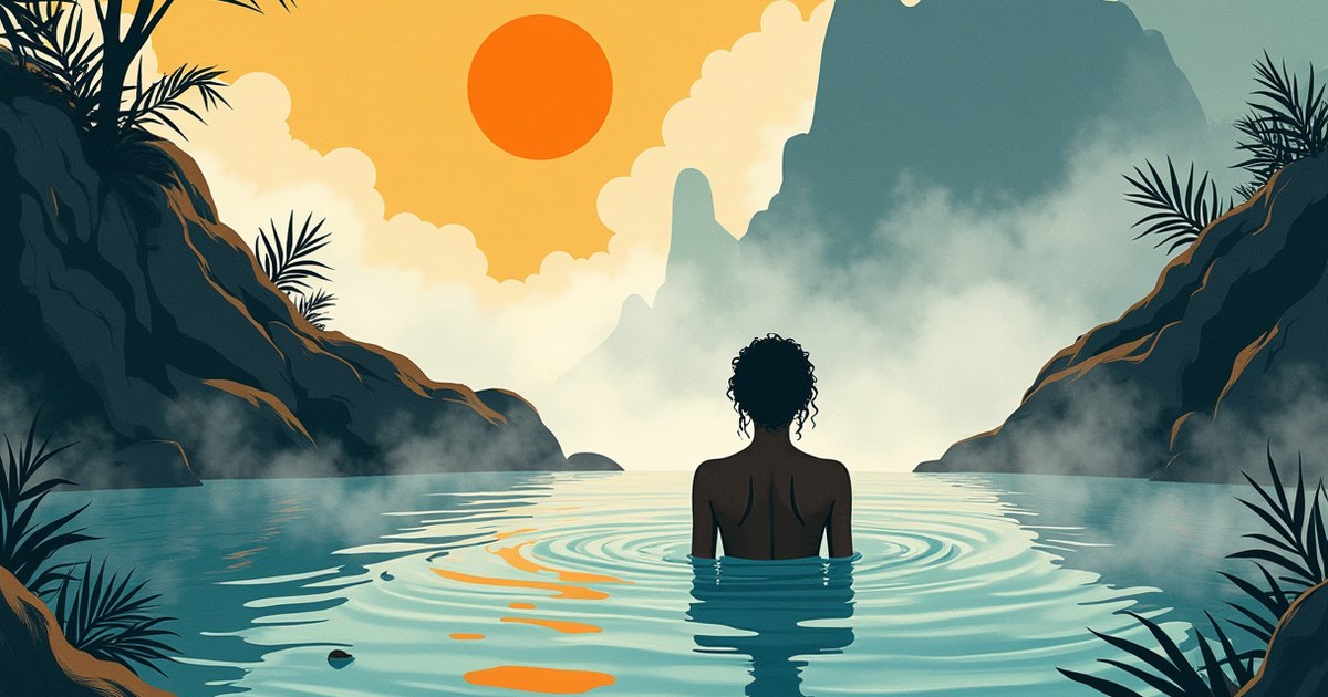 Traveler relaxing in a steaming volcanic hot spring surrounded by misty rocks and ferns during a wellness retreat.