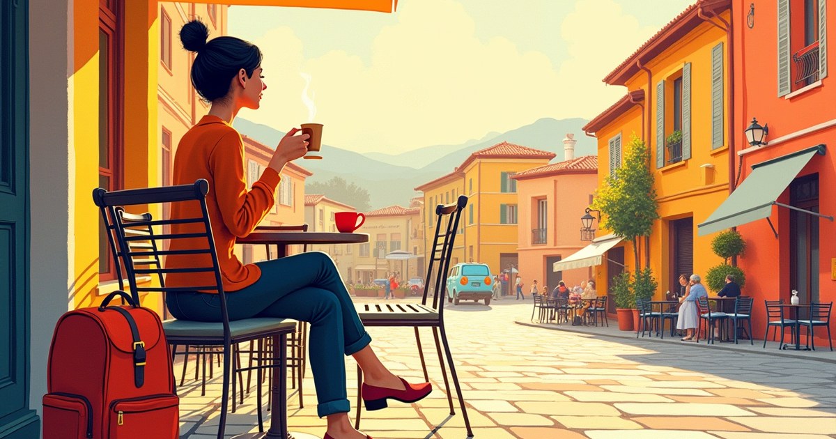 Woman traveling alone sitting at a sunny café abroad, embracing solo travel and self-discovery.