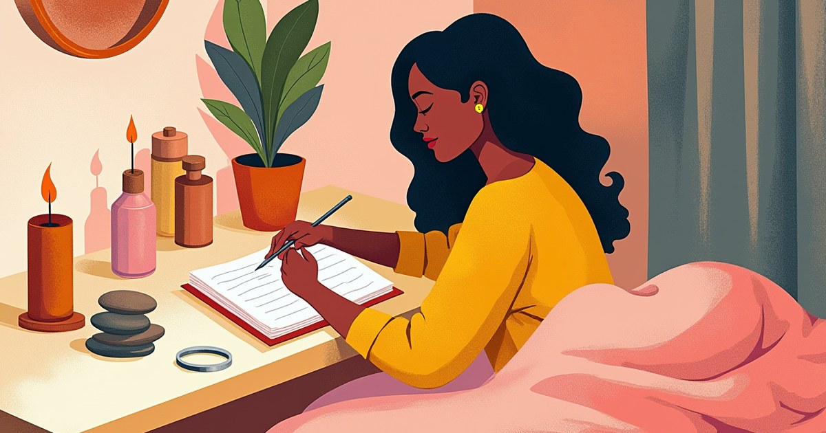 Cozy bedside self-care arrangement with candle, journal, and plants evoking personal wellness and comfort